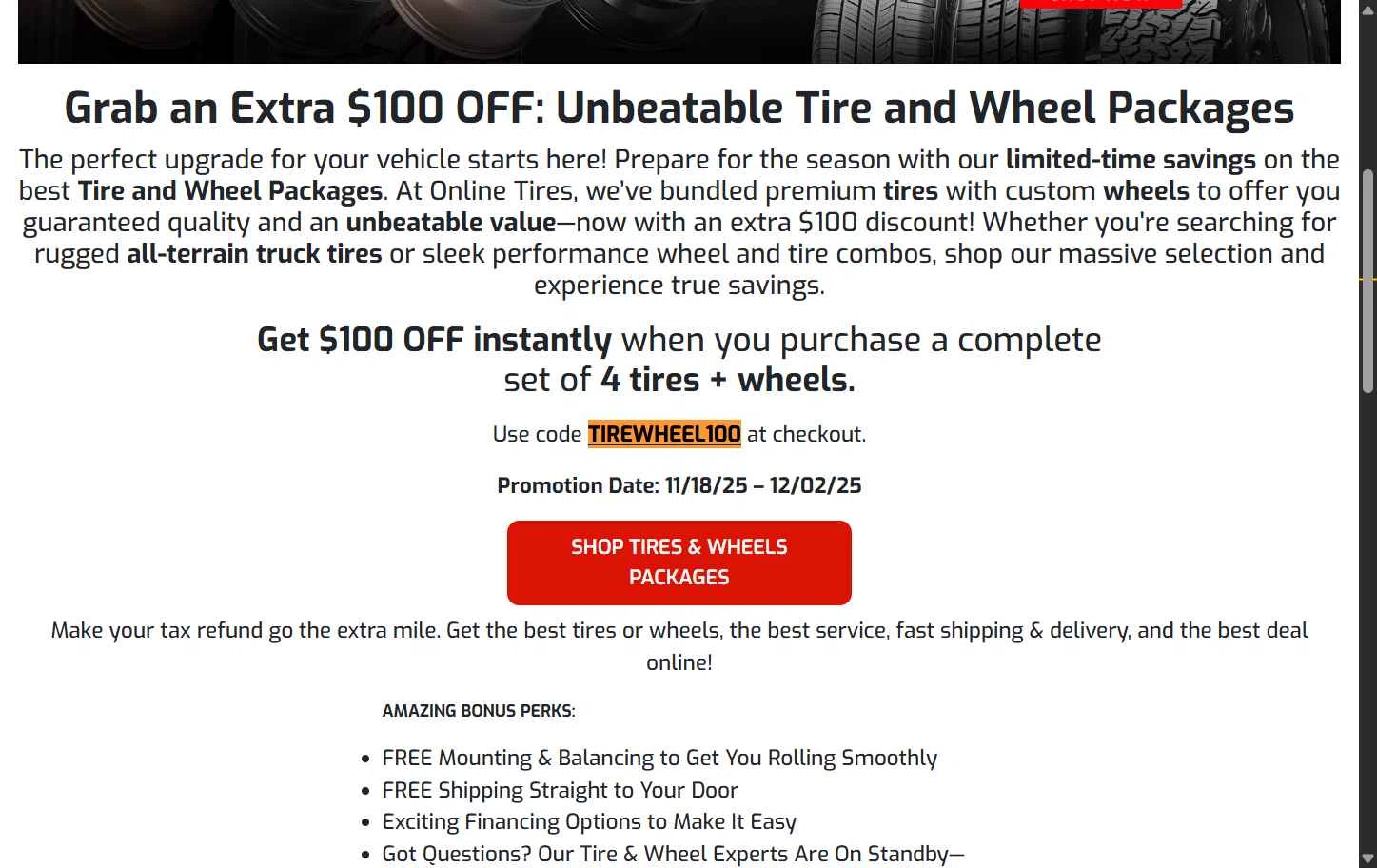 Onlinetires.com checkout page showing Onlinetires.com discount code box | Screenshot taken by SimplyCodes community member on Nov 19, 2025