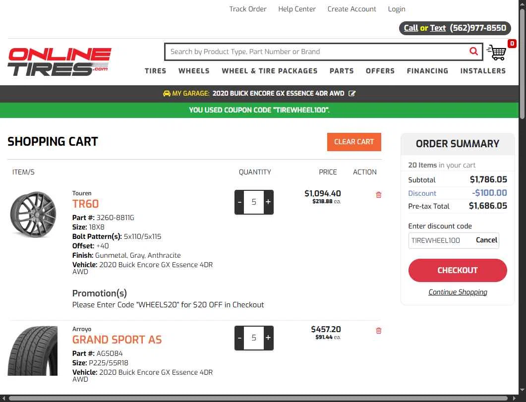 Onlinetires.com checkout page showing Onlinetires.com discount code box | Screenshot taken by SimplyCodes community member on Oct 21, 2025