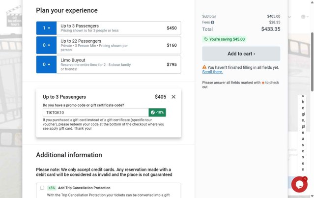On Location Tours checkout page showing On Location Tours promo code box | Screenshot taken by SimplyCodes community member on Jul 15, 2025