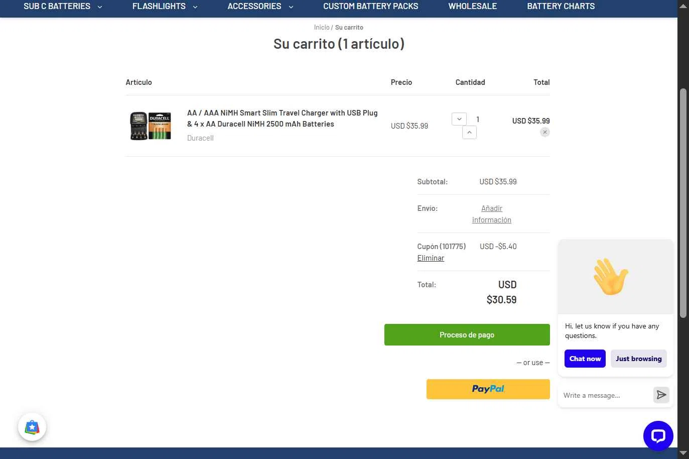 OnlyBatteries.com checkout page showing OnlyBatteries.com promo code box | Screenshot taken by SimplyCodes community member on May 20, 2025