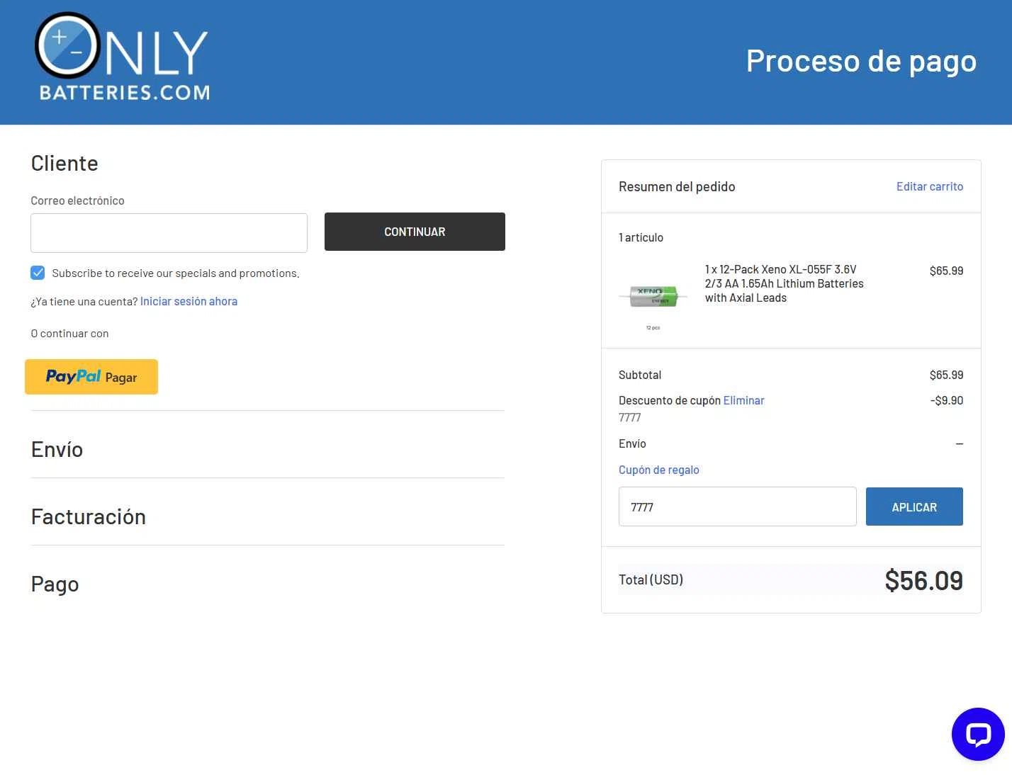 OnlyBatteries.com checkout page showing OnlyBatteries.com promo code box | Screenshot taken by SimplyCodes community member on Dec 6, 2025