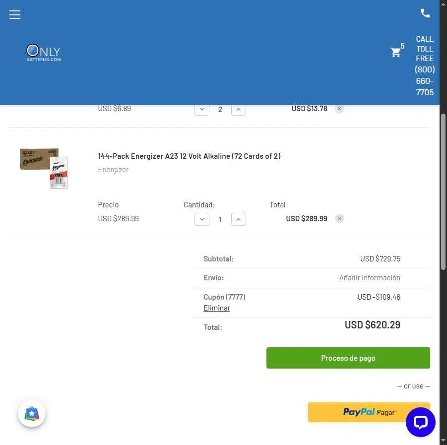 OnlyBatteries.com checkout page showing OnlyBatteries.com promo code box | Screenshot taken by SimplyCodes community member on May 20, 2025
