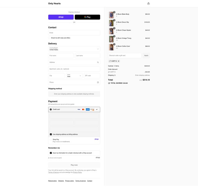 Only Hearts checkout page showing Only Hearts promo code box | Screenshot taken by SimplyCodes community member on Sep 4, 2025