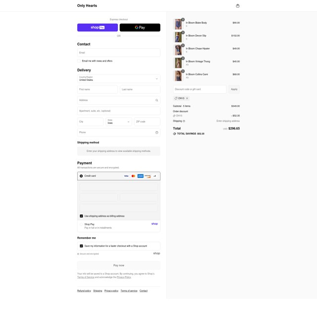 Only Hearts checkout page showing Only Hearts promo code box | Screenshot taken by SimplyCodes community member on Aug 27, 2025
