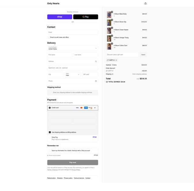 Only Hearts checkout page showing Only Hearts promo code box | Screenshot taken by SimplyCodes community member on Aug 31, 2025