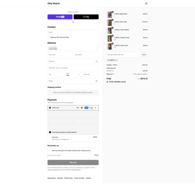 Only Hearts checkout page showing Only Hearts promo code box | Screenshot taken by SimplyCodes community member on Aug 23, 2025