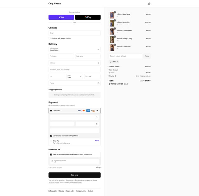 Only Hearts checkout page showing Only Hearts promo code box | Screenshot taken by SimplyCodes community member on Aug 31, 2025