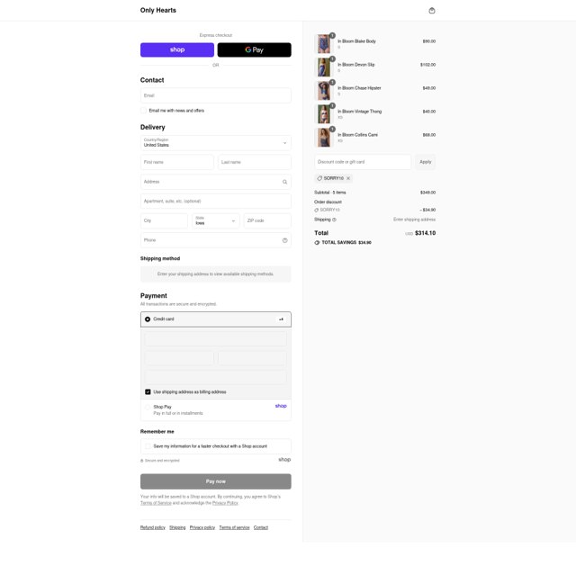 Only Hearts checkout page showing Only Hearts promo code box | Screenshot taken by SimplyCodes community member on Sep 4, 2025