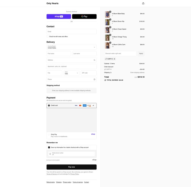 Only Hearts checkout page showing Only Hearts promo code box | Screenshot taken by SimplyCodes community member on Aug 27, 2025