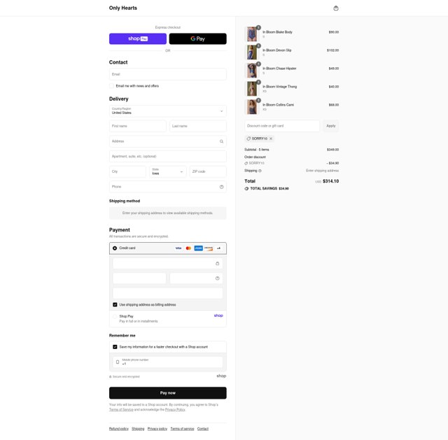 Only Hearts checkout page showing Only Hearts promo code box | Screenshot taken by SimplyCodes community member on Aug 27, 2025
