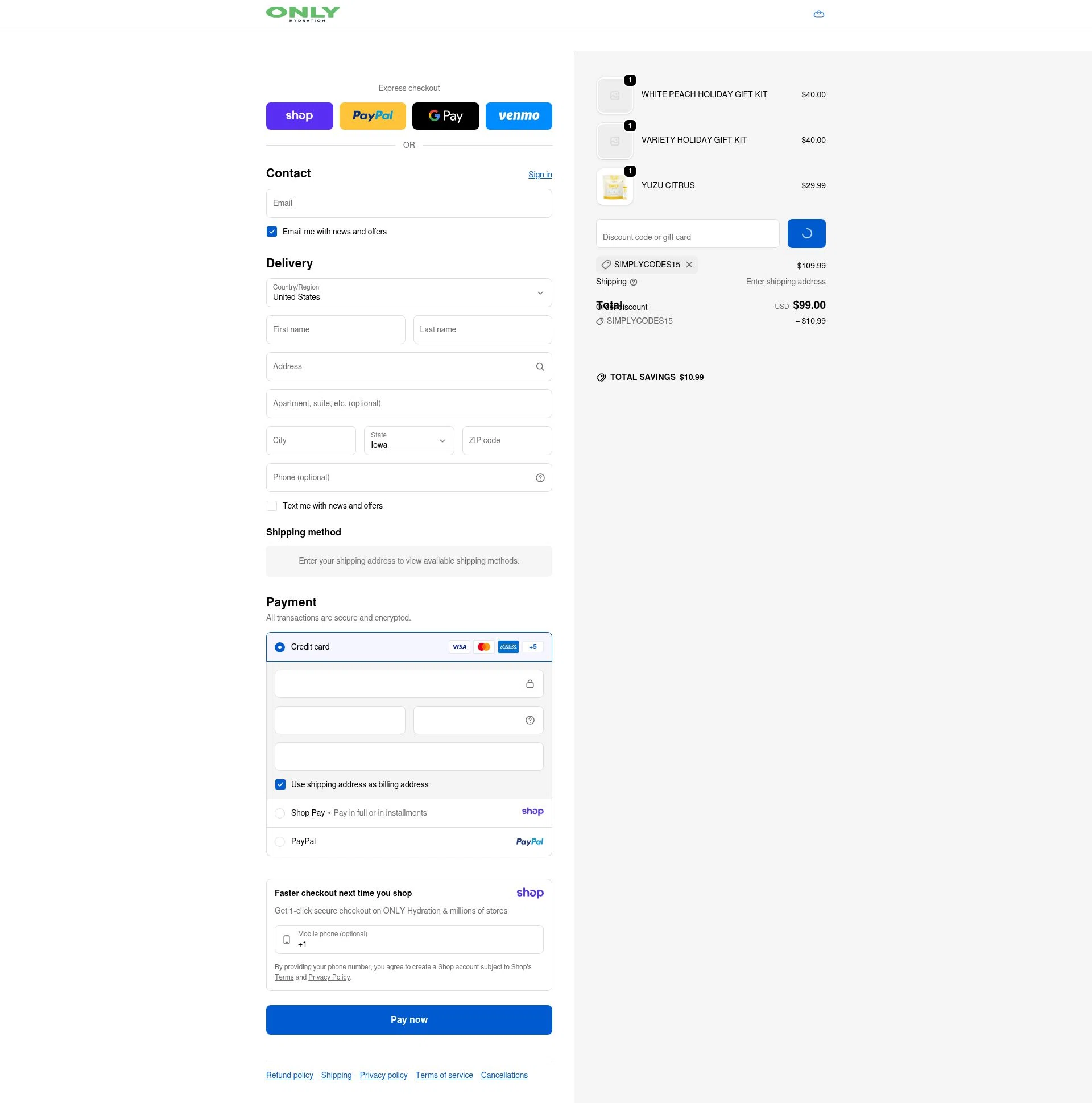 ONLY Hydration checkout page showing ONLY Hydration promo code box | Screenshot taken by SimplyCodes community member on Jan 11, 2026