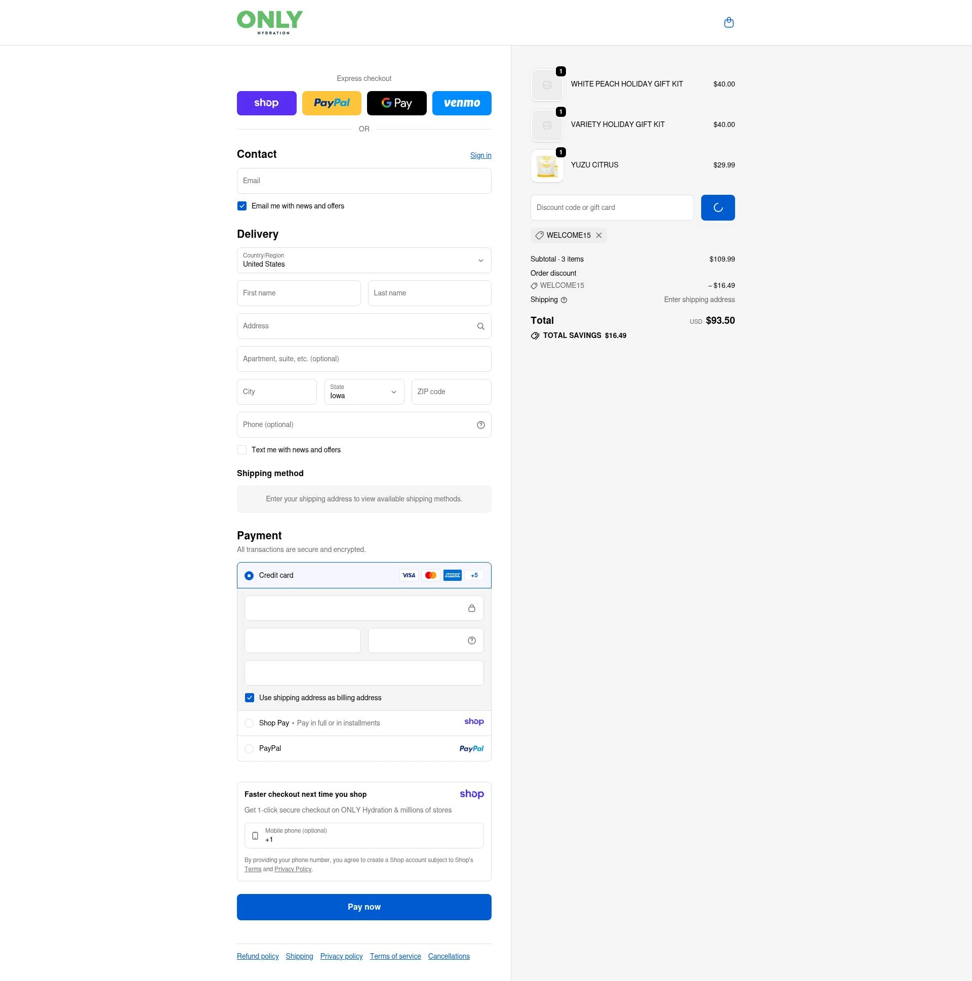 ONLY Hydration checkout page showing ONLY Hydration promo code box | Screenshot taken by SimplyCodes community member on Jan 11, 2026