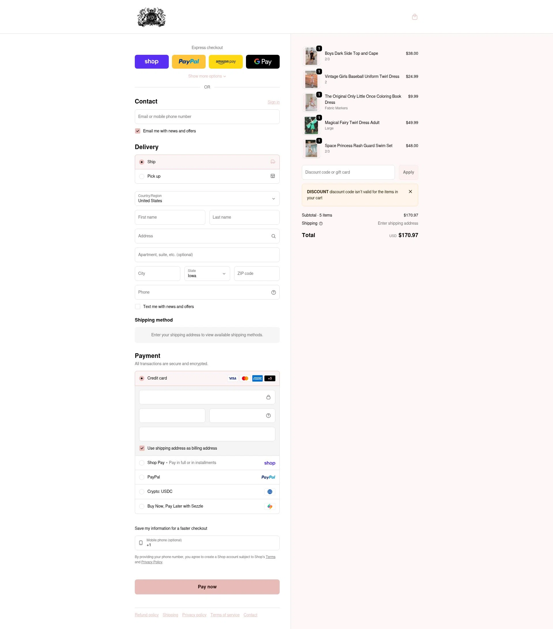 Only Little Once checkout page showing Only Little Once coupon code box | Screenshot taken by SimplyCodes community member on Feb 14, 2026