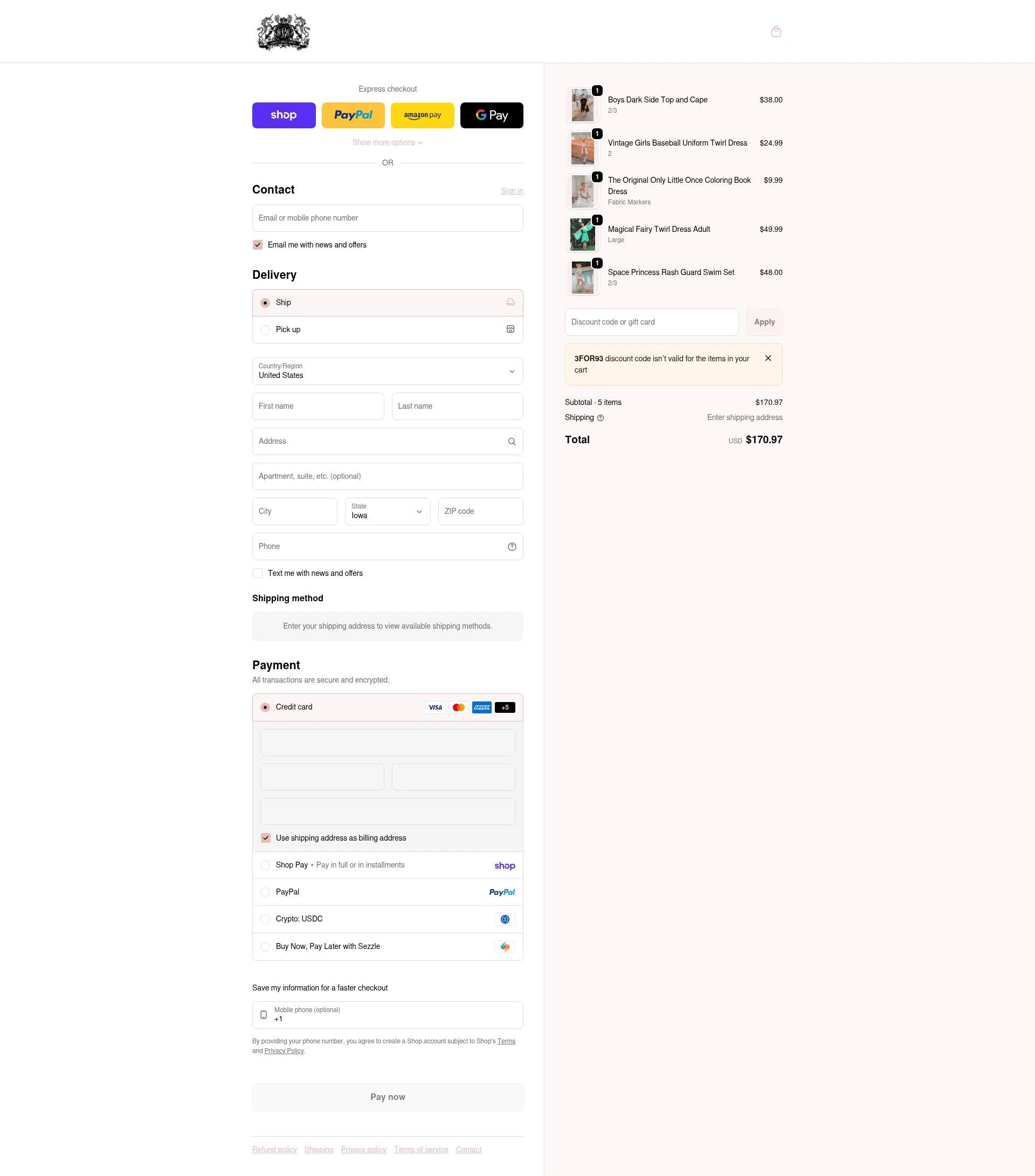 Only Little Once checkout page showing Only Little Once coupon code box | Screenshot taken by SimplyCodes community member on Feb 9, 2026
