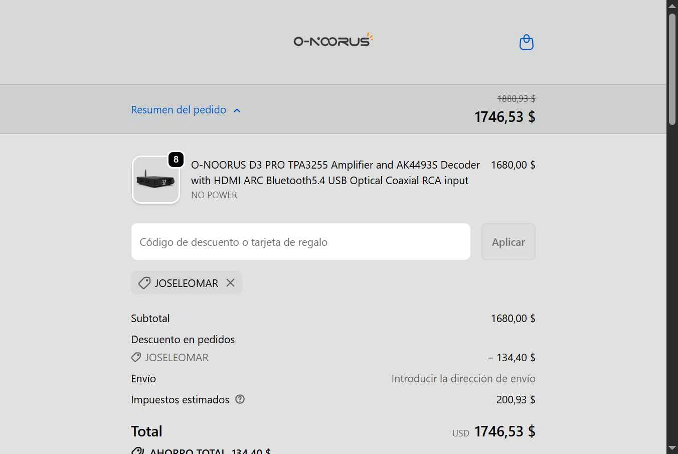 Onoorus Audio checkout page showing Onoorus Audio promo code box | Screenshot taken by SimplyCodes community member on Feb 9, 2026