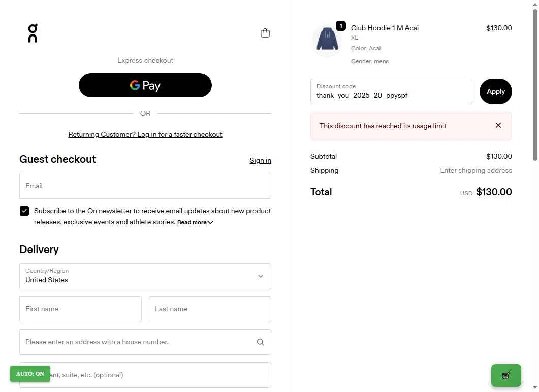 Verification screenshot for 20% Off Storewide at On Running — 6mo ago