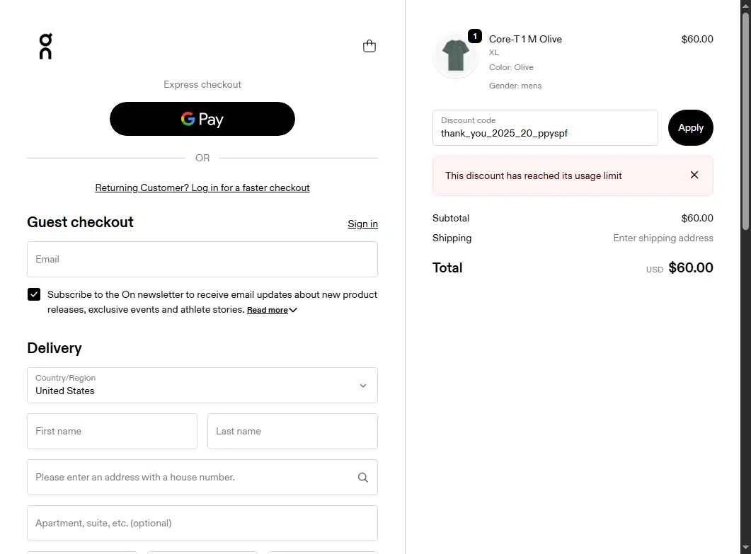Verification screenshot for 20% Off Storewide at On Running — 6mo ago