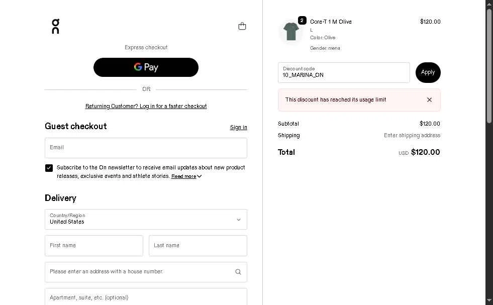 Verification screenshot for 10% Off Storewide (minimum Order $100) at On Running — 6mo ago