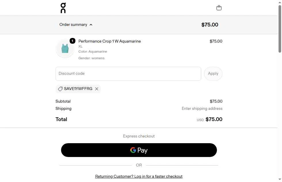 Verification screenshot for Free Shipping Storewide at On Running - 13d ago
