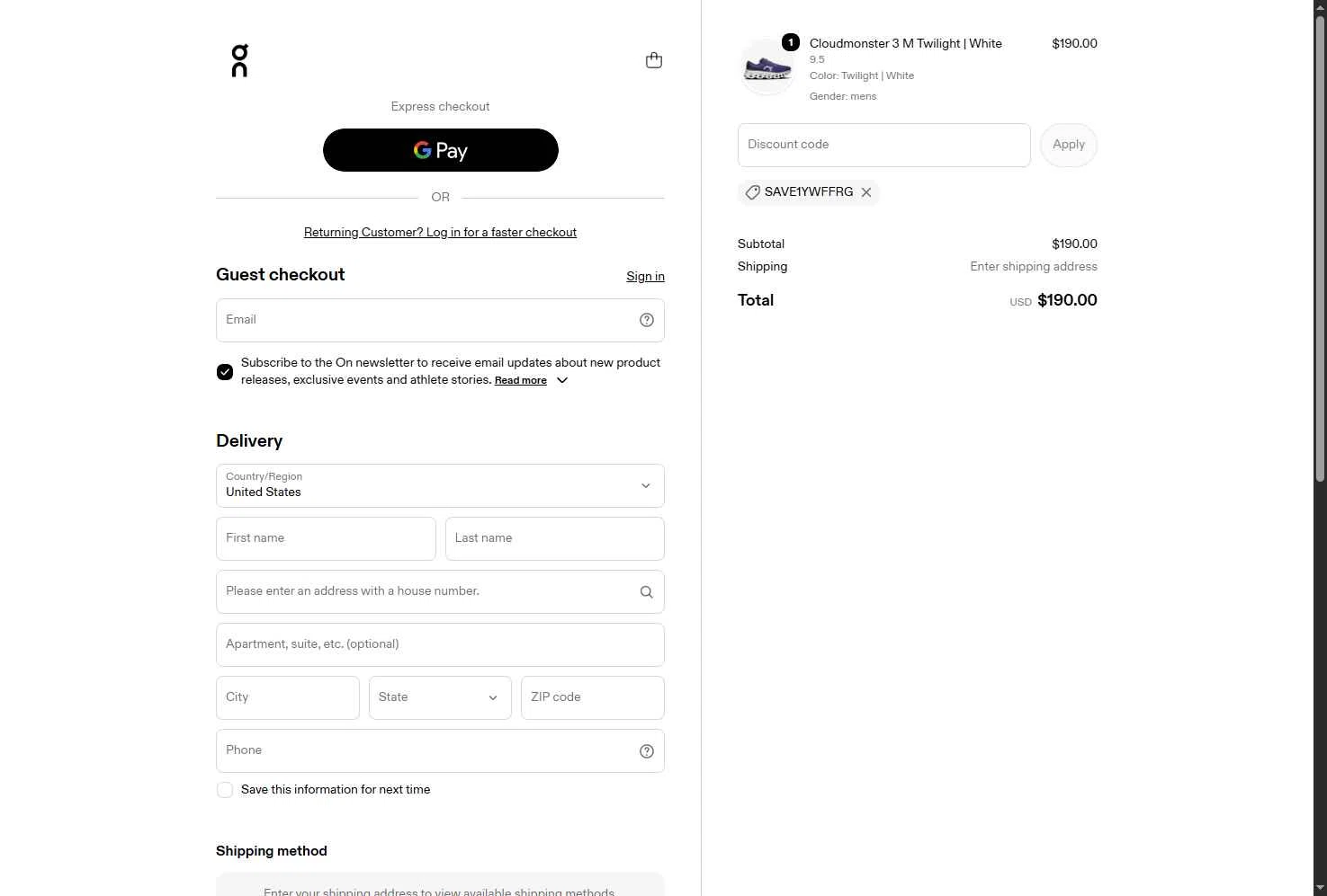 Verification screenshot for Free Shipping Storewide at On Running - 24d ago