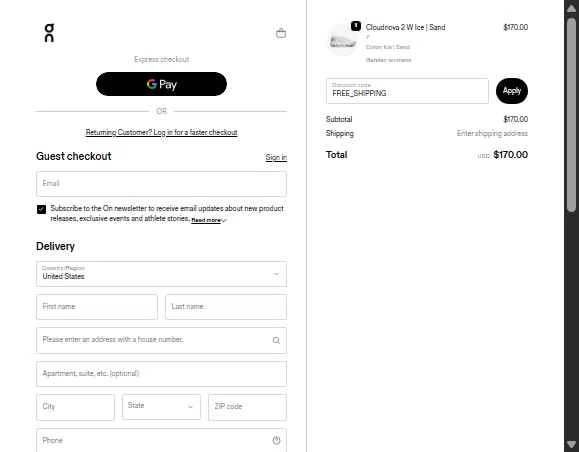 On Running checkout page showing On Running promo code box | Screenshot taken by SimplyCodes community member on Dec 10, 2025