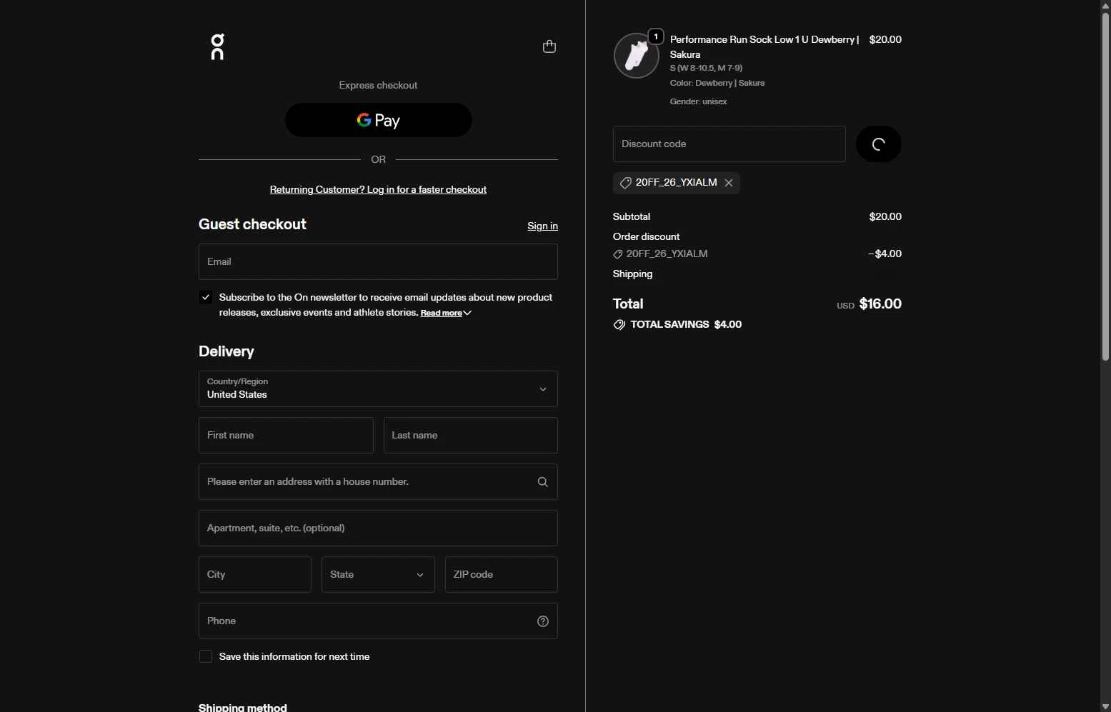 On Running checkout page showing On Running promo code box | Screenshot taken by SimplyCodes community member on Jan 31, 2026