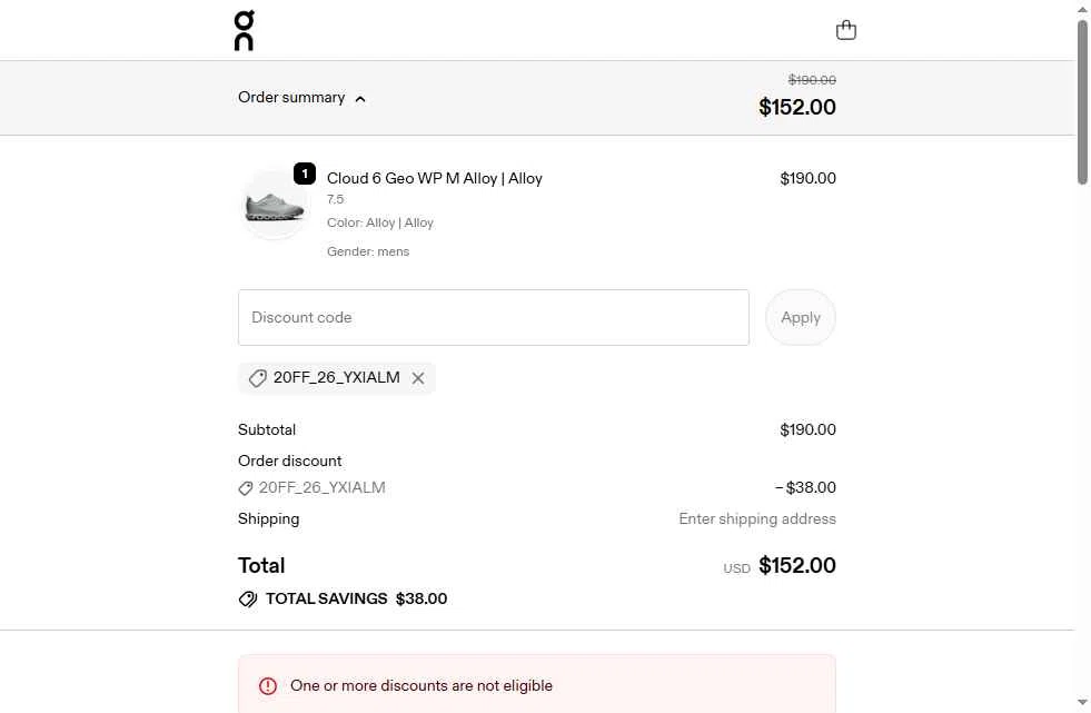 On Running checkout page showing On Running promo code box | Screenshot taken by SimplyCodes community member on Jan 31, 2026