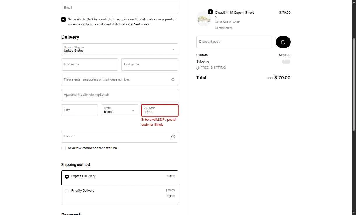 On Running checkout page showing On Running promo code box | Screenshot taken by SimplyCodes community member on Dec 19, 2025