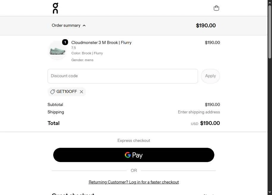 Verification screenshot for 10% Off Storewide at On Running - 24d ago