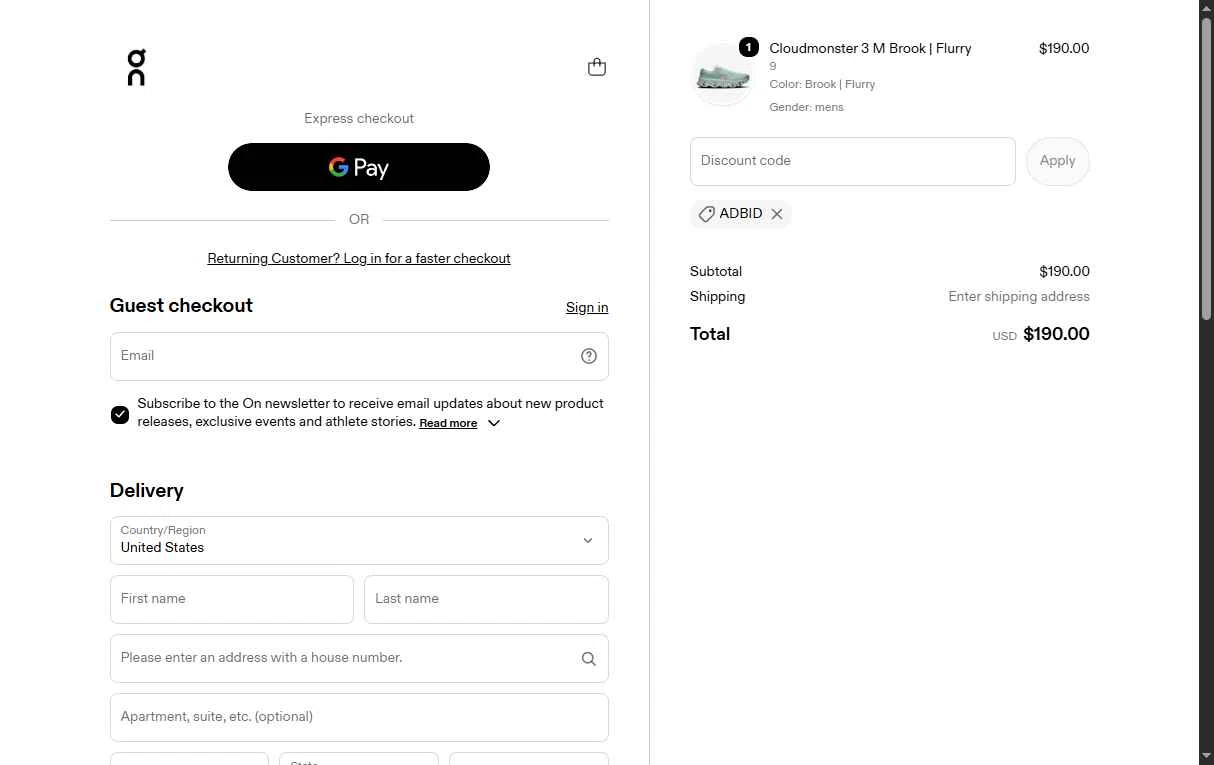 Verification screenshot for Free Shipping Storewide at On Running - 9h ago
