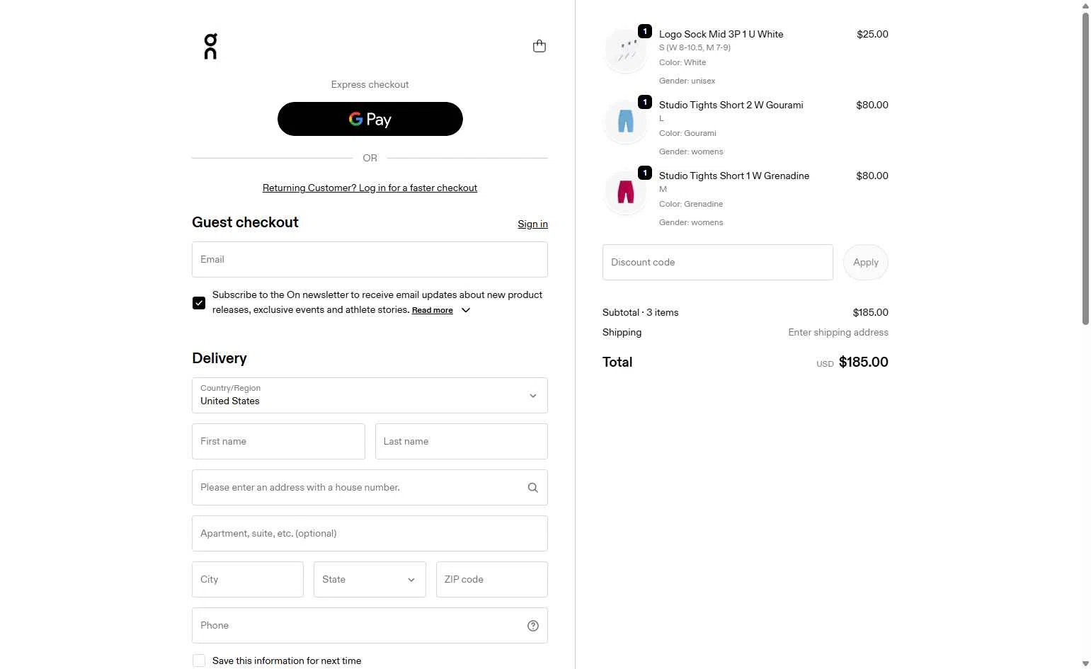 Verification screenshot for Free Shipping On Storewide (Shipping Adress) at On Running — 42d ago