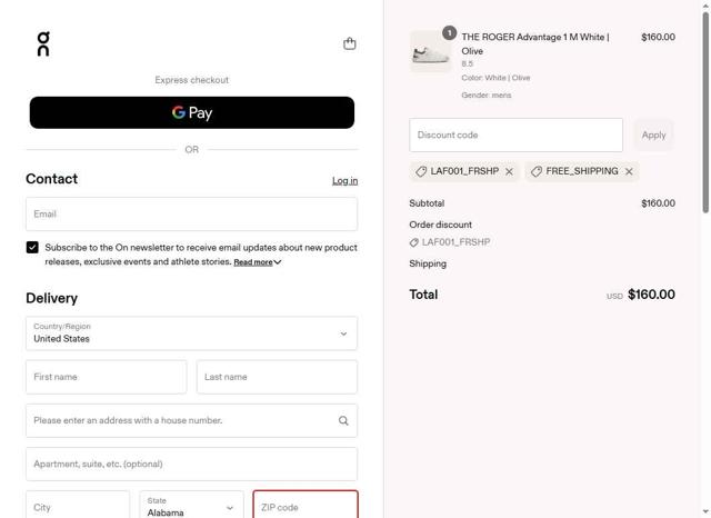 On Running checkout page showing On Running promo code box | Screenshot taken by SimplyCodes community member on Jul 16, 2025