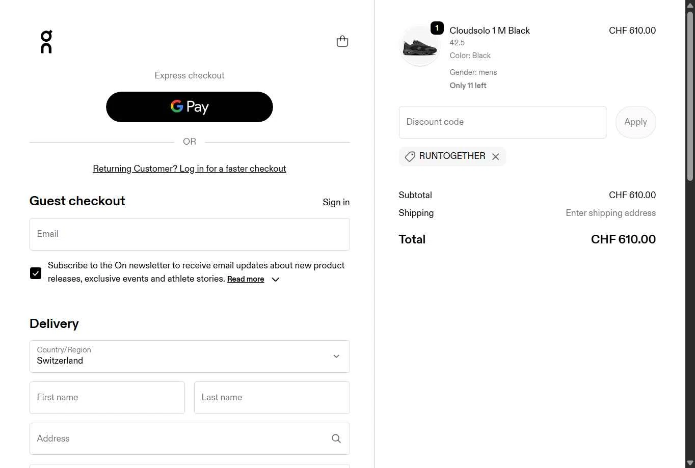 Verification screenshot for 30% Off Select Items at On Running — 28d ago