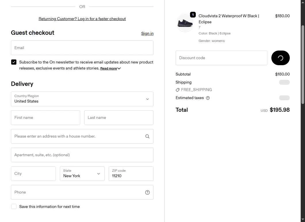 On Running checkout page showing On Running promo code box | Screenshot taken by SimplyCodes community member on Dec 9, 2025