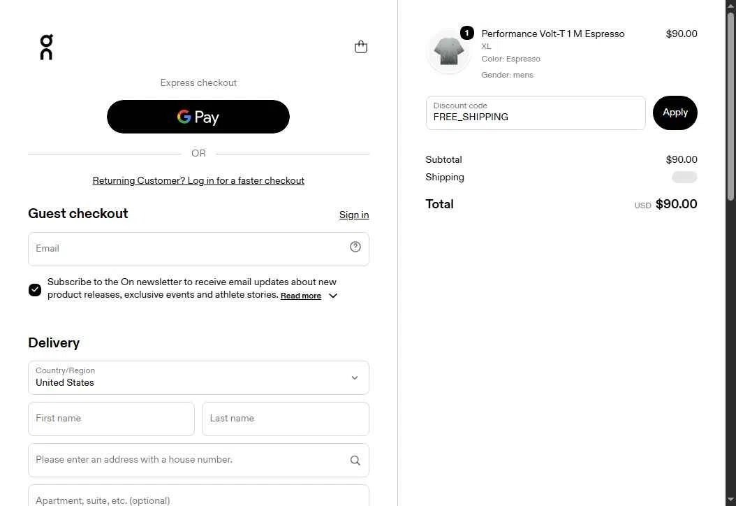 Verification screenshot for Free Shipping Storewide (shipping Adress) at On Running - 15d ago