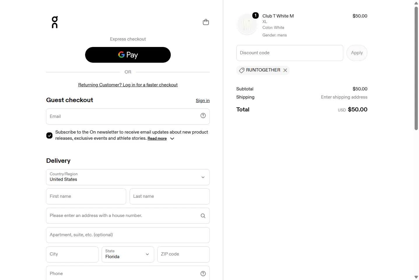 Verification screenshot for 30% Off Select Items at On Running - 16d ago