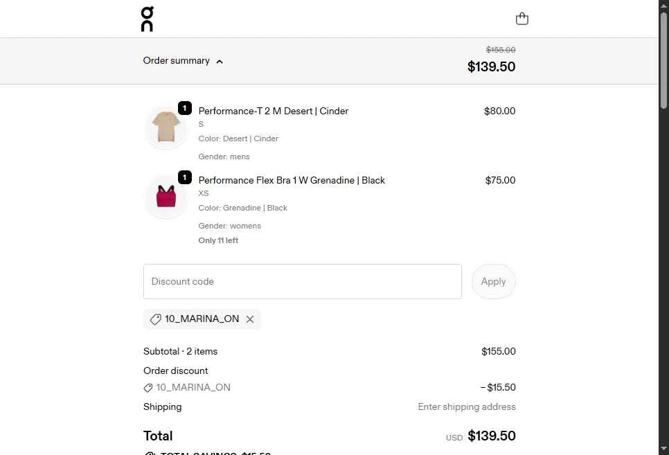 On Running checkout page showing On Running promo code box | Screenshot taken by SimplyCodes community member on Dec 11, 2025