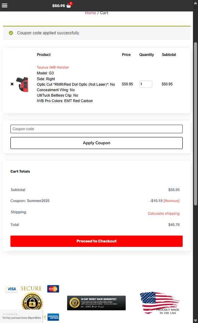 On Your 6 Designs checkout page showing On Your 6 Designs promo code box | Screenshot taken by SimplyCodes community member on Jul 29, 2025