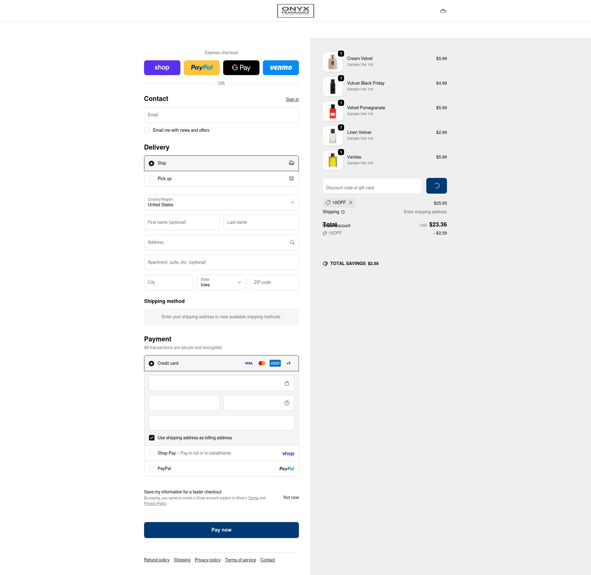 Onyx Fragrance checkout page showing Onyx Fragrance promo code box | Screenshot taken by SimplyCodes community member on Feb 26, 2026