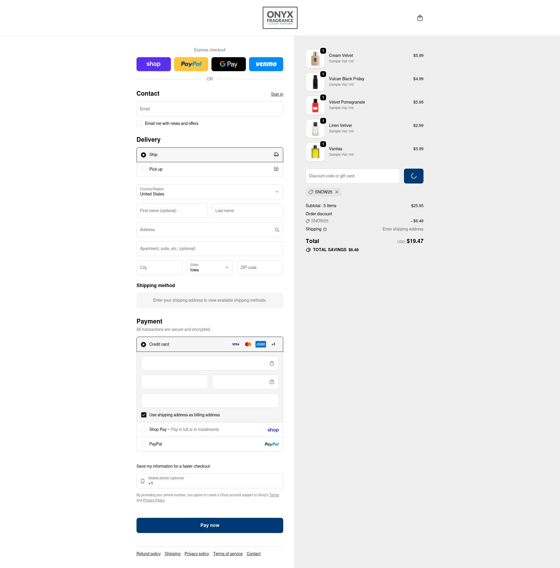Onyx Fragrance checkout page showing Onyx Fragrance promo code box | Screenshot taken by SimplyCodes community member on Feb 22, 2026