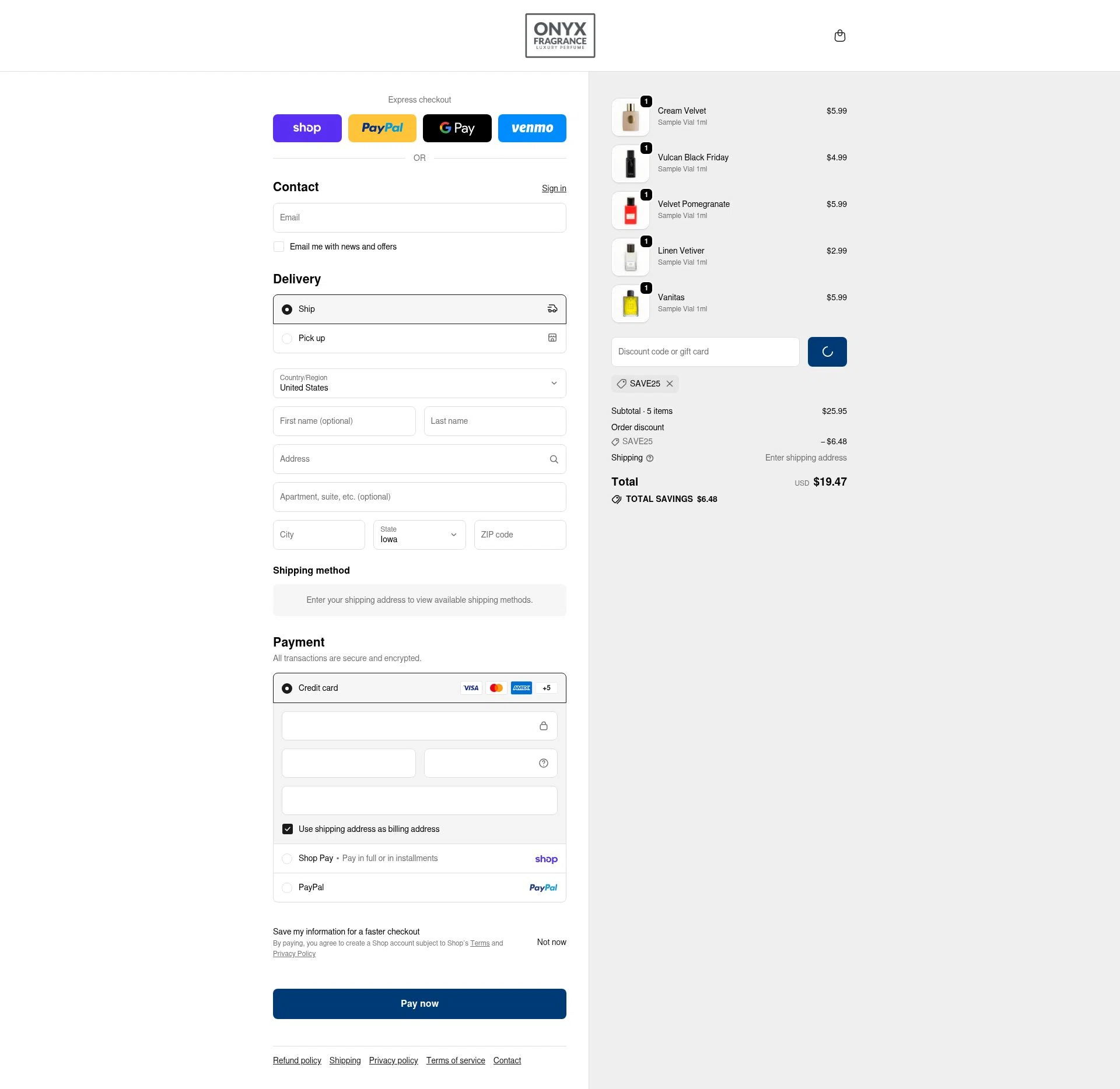Onyx Fragrance checkout page showing Onyx Fragrance promo code box | Screenshot taken by SimplyCodes community member on Feb 26, 2026