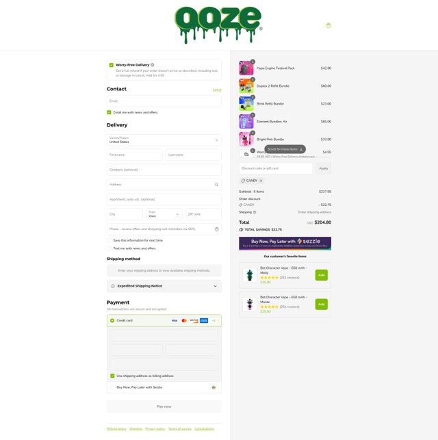 Ooze checkout page showing Ooze discount code box | Screenshot taken by SimplyCodes community member on Sep 7, 2025