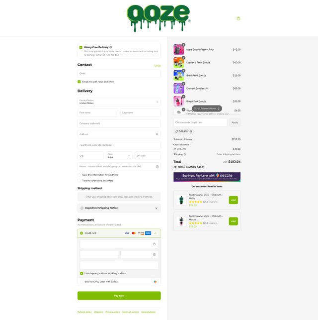 Ooze checkout page showing Ooze discount code box | Screenshot taken by SimplyCodes community member on Sep 7, 2025