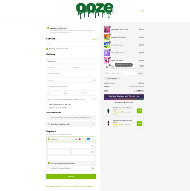 Ooze checkout page showing Ooze discount code box | Screenshot taken by SimplyCodes community member on Sep 7, 2025