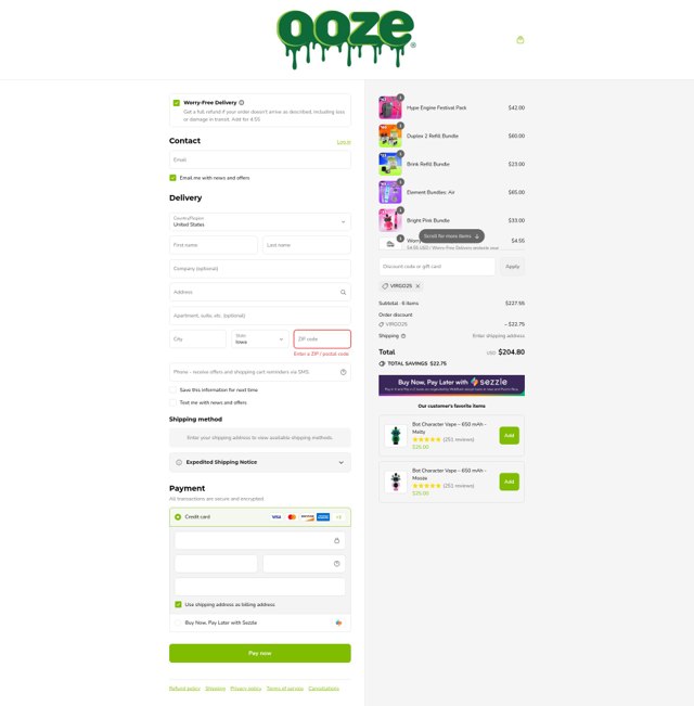 Ooze checkout page showing Ooze discount code box | Screenshot taken by SimplyCodes community member on Sep 6, 2025