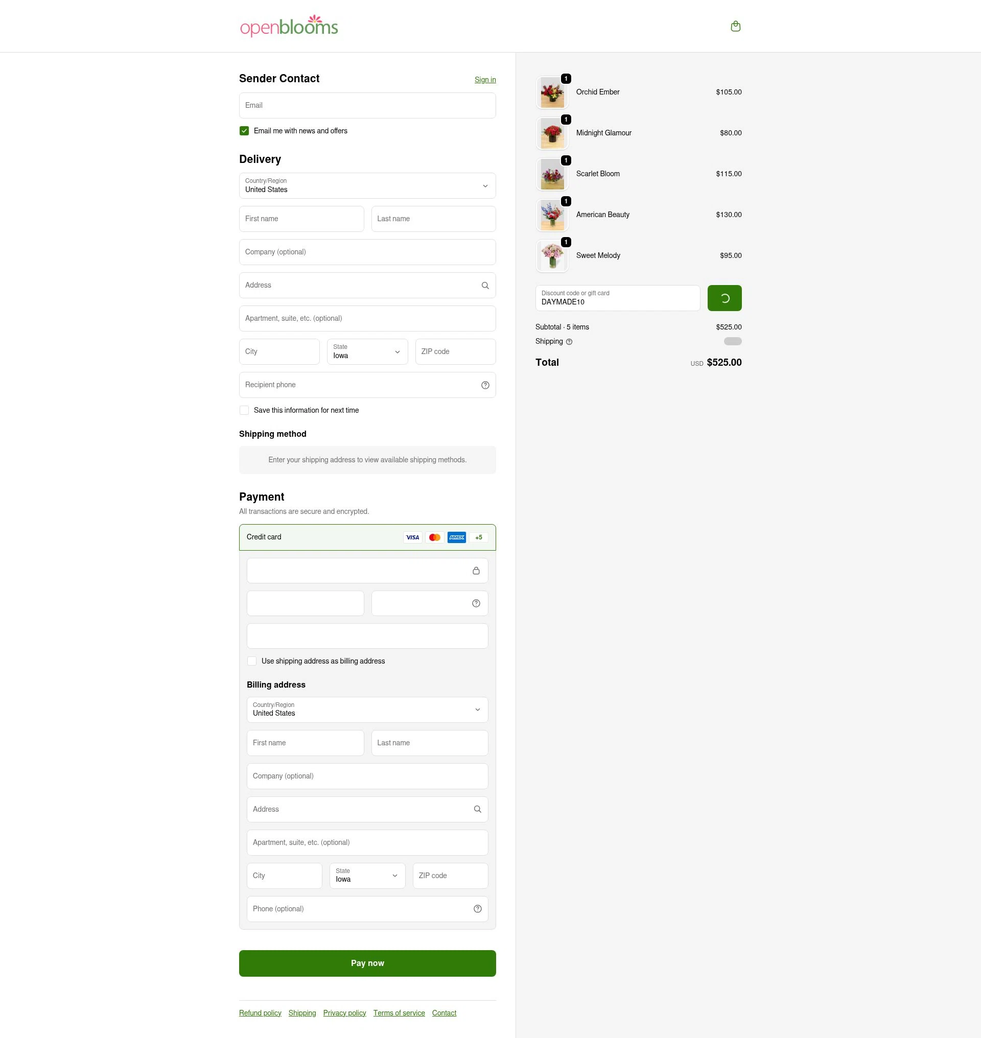 Open Blooms checkout page showing Open Blooms discount code box | Screenshot taken by SimplyCodes community member on Feb 1, 2026