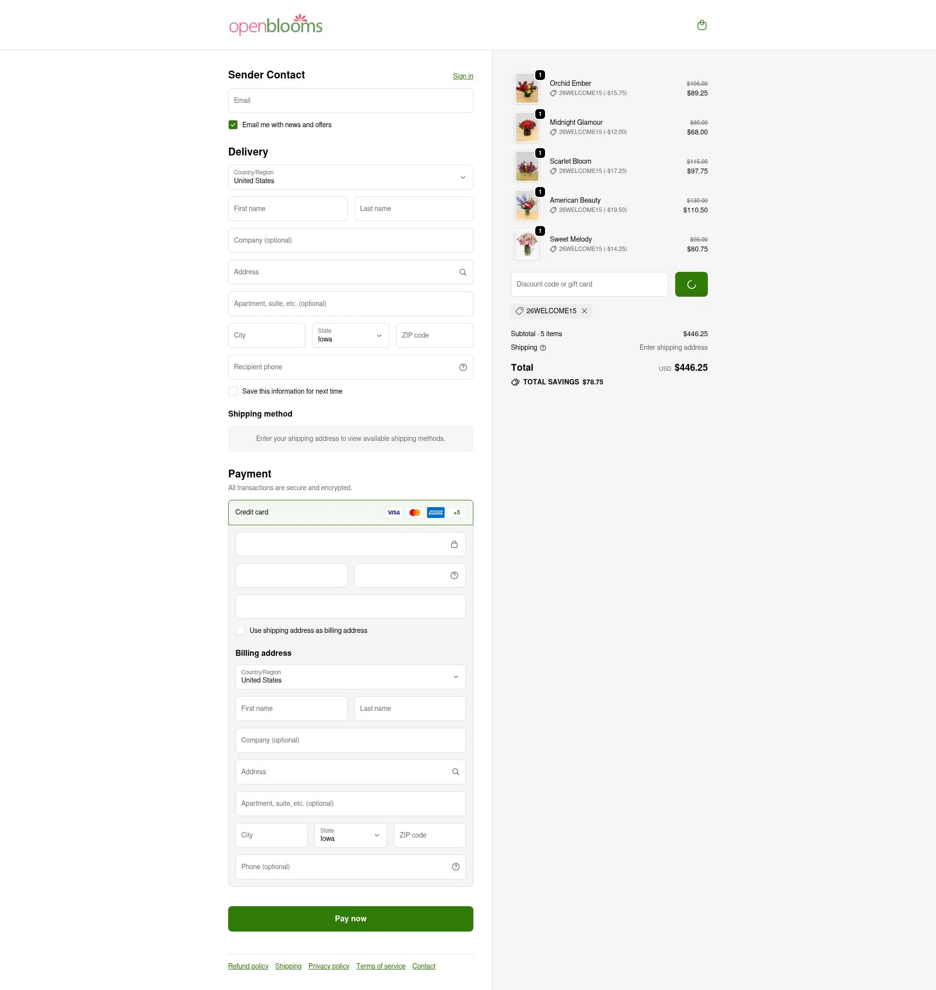 Open Blooms checkout page showing Open Blooms discount code box | Screenshot taken by SimplyCodes community member on Feb 1, 2026