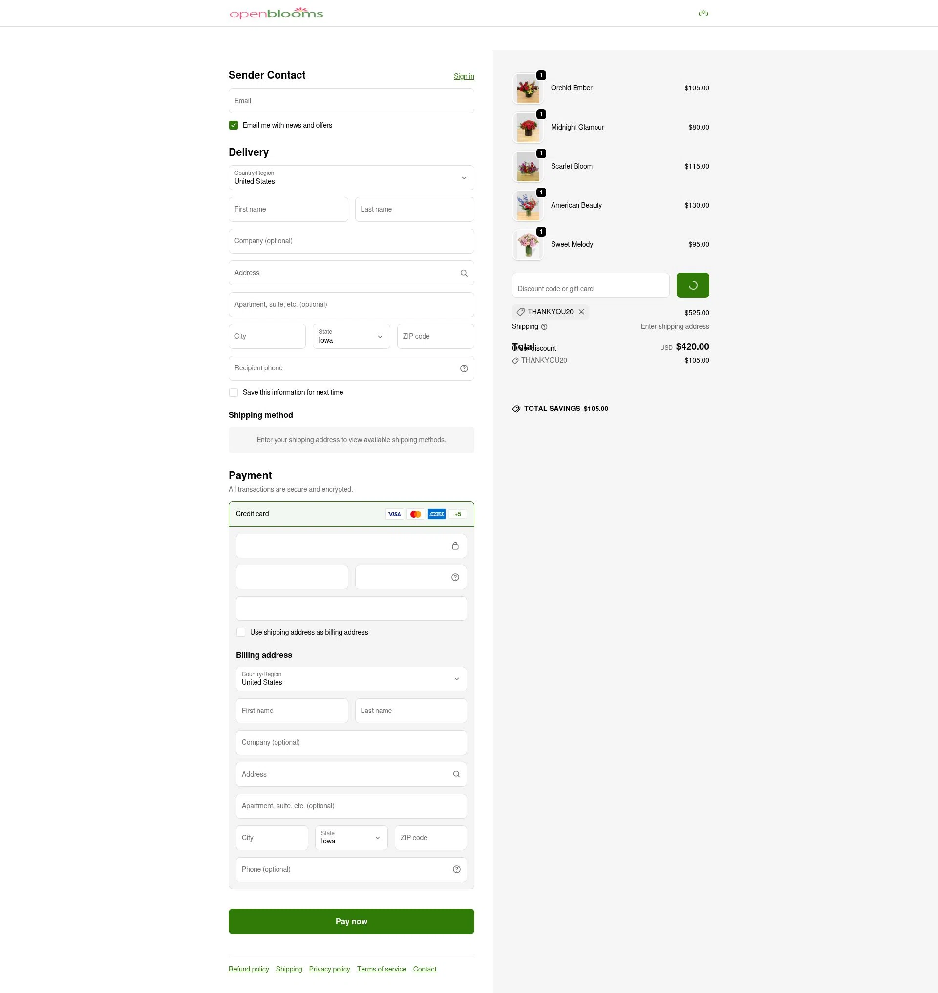 Open Blooms checkout page showing Open Blooms discount code box | Screenshot taken by SimplyCodes community member on Feb 1, 2026