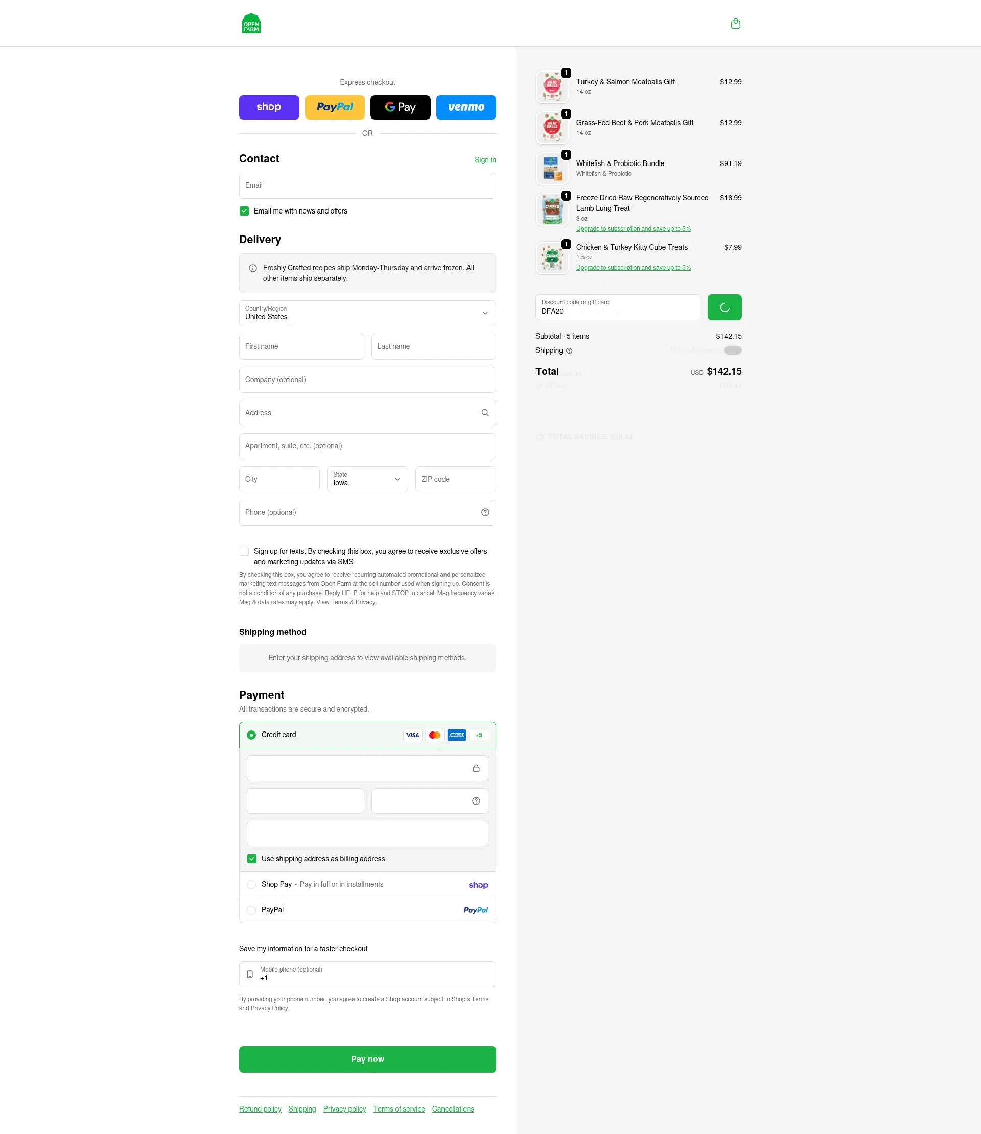 Open Farm checkout page showing Open Farm discount code box | Screenshot taken by SimplyCodes community member on Feb 3, 2026