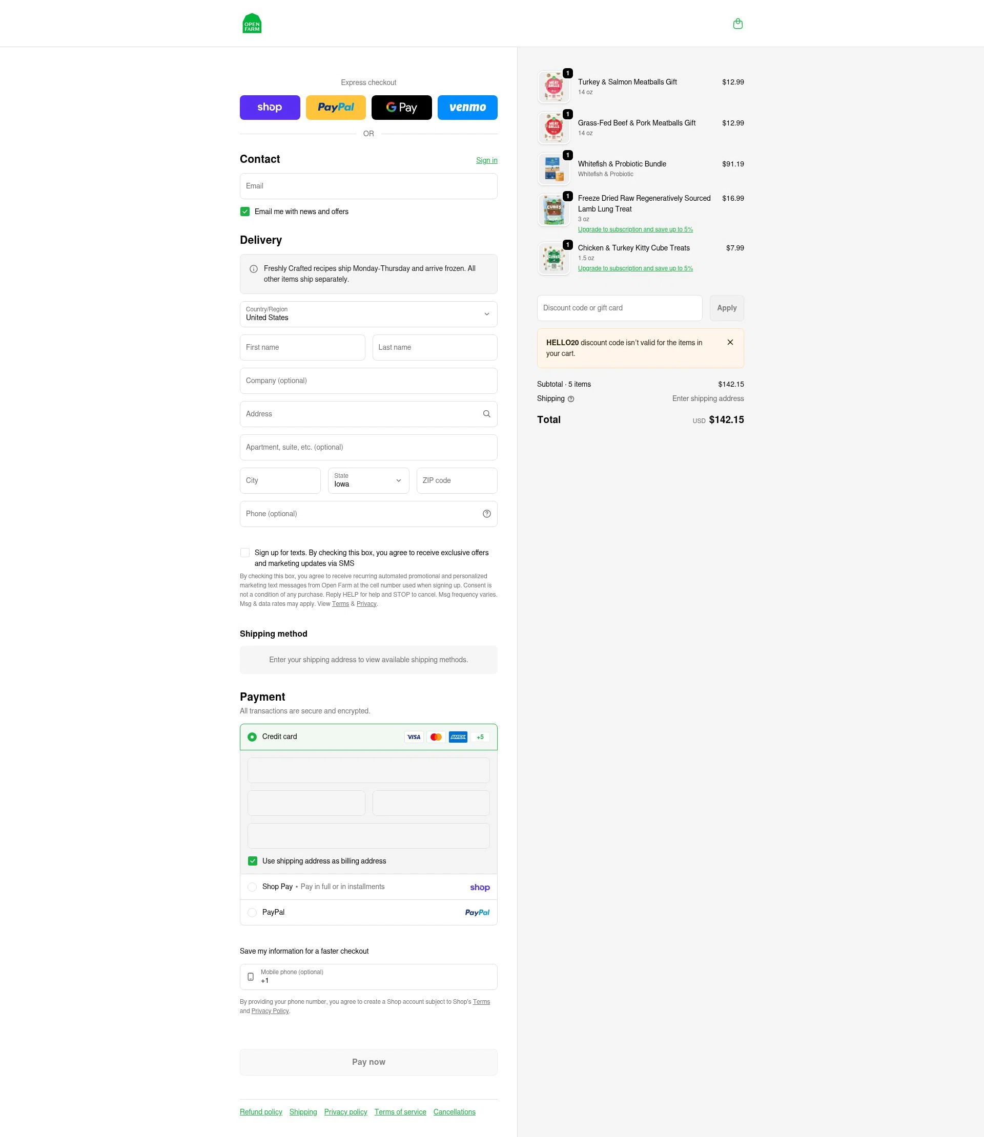 Open Farm checkout page showing Open Farm discount code box | Screenshot taken by SimplyCodes community member on Feb 3, 2026
